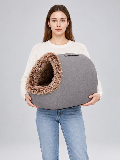 Enclosed bed house for cats and small dogs on-model view