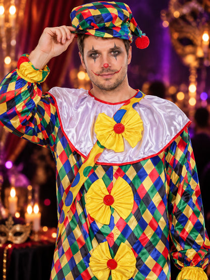 Velour Clown Costume with Yellow Bows and Hat
