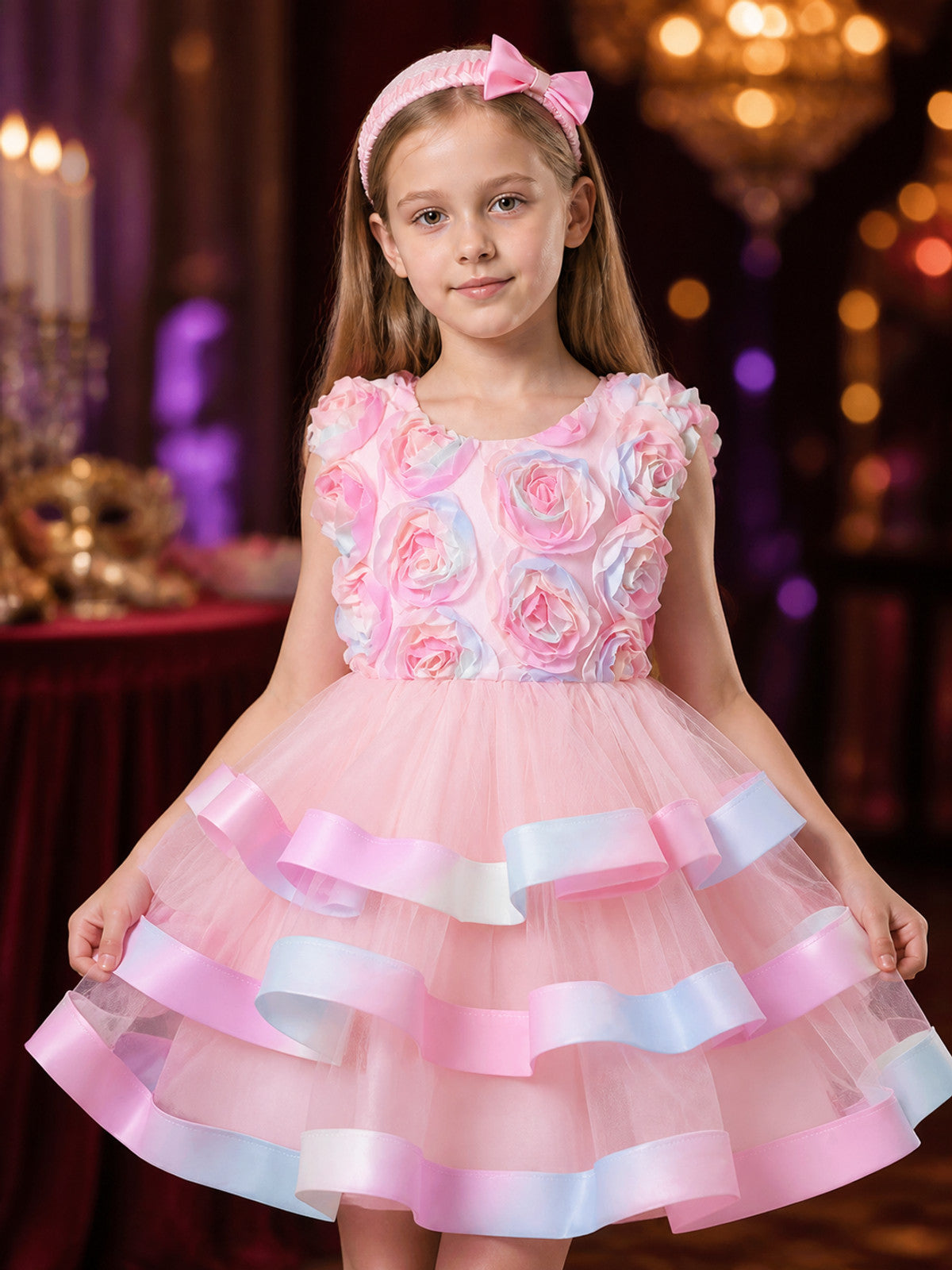 Girls' Princess Dress, Sleeveless Layered Tutu Gown With 3D Rose and Bow Details on-model view