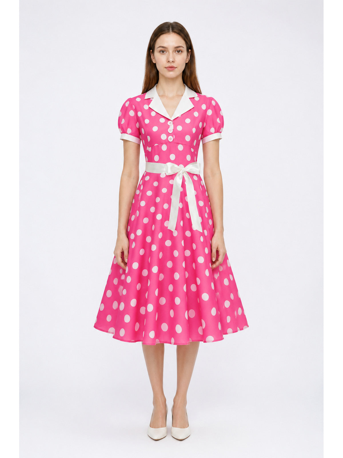 Polka-Dot Dress with a Turn-Down Collar and Bow main product view