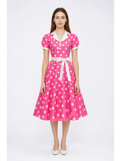 Polka-Dot Dress with a Turn-Down Collar and Bow main product view