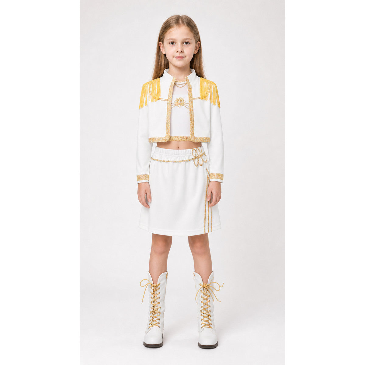 White Children's Stage Costume with Gold Fringe main product view