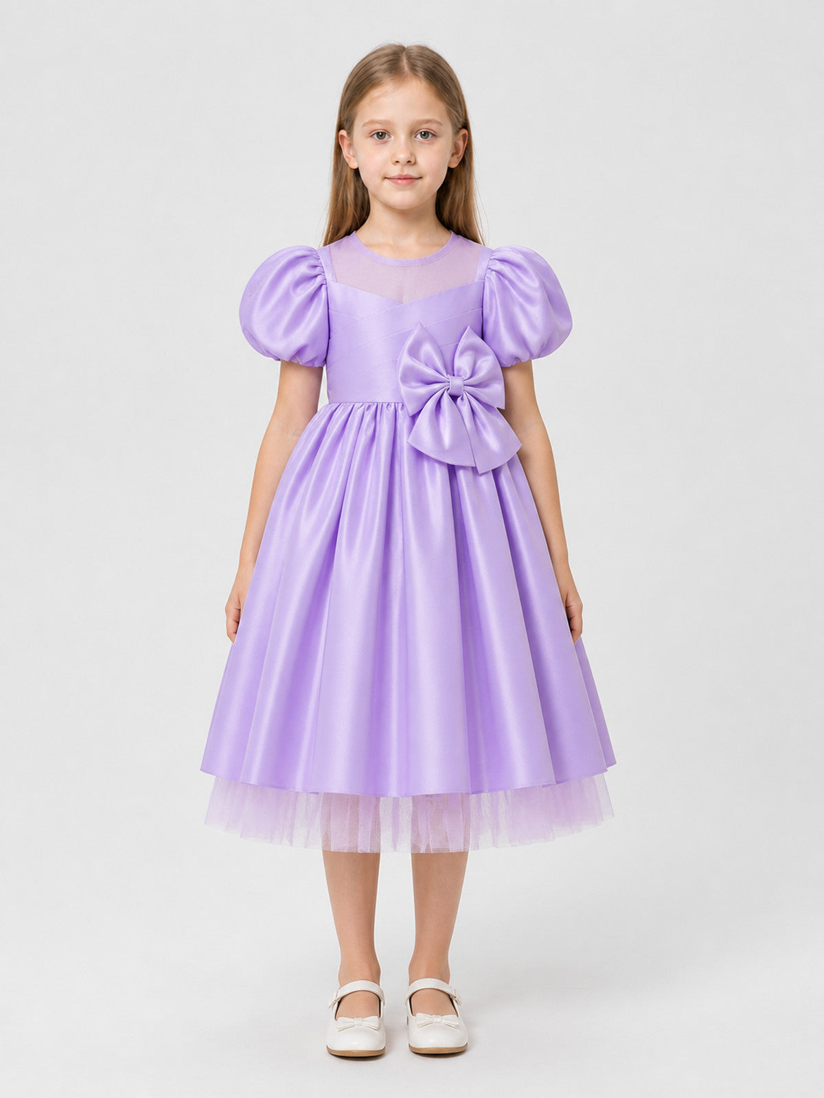 Children's Dress with Bow, Square Neckline, Full Skirt on-model view
