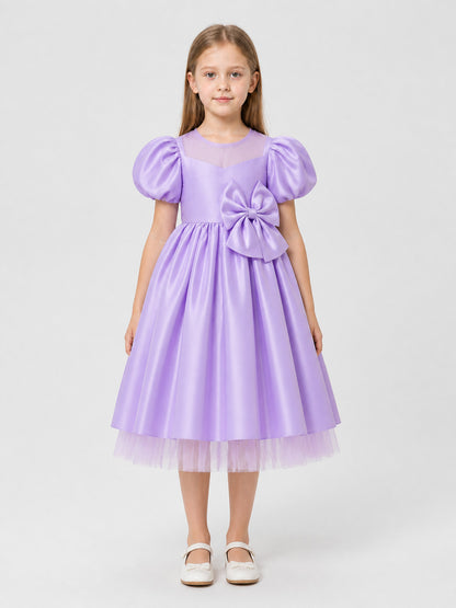Children's Dress with Bow, Square Neckline, Full Skirt on-model view