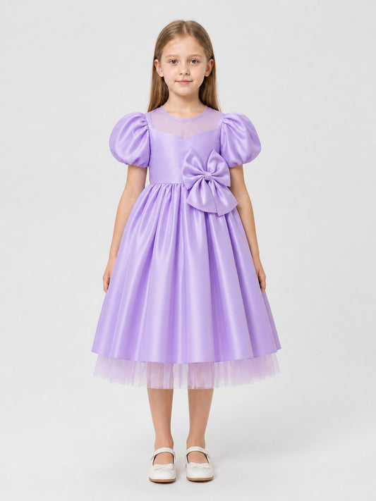 Children's Dress with Bow, Square Neckline, Full Skirt on-model view