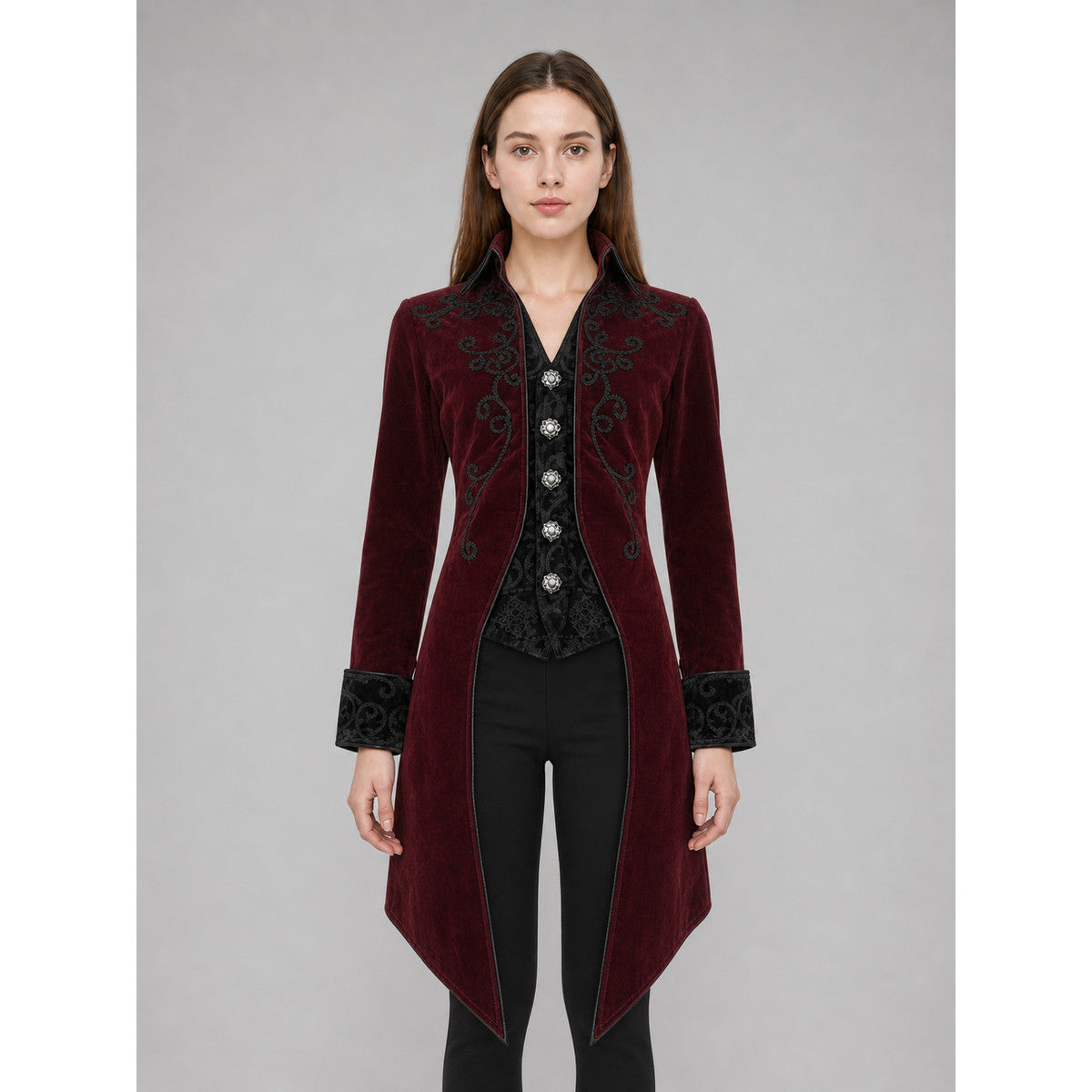 Vintage Burgundy Frock Coat with Embroidery and Buttons front view