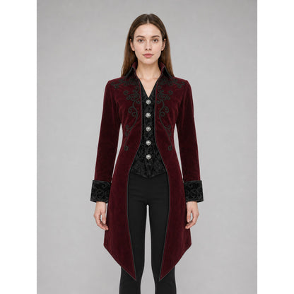 Vintage Burgundy Frock Coat with Embroidery and Buttons front view