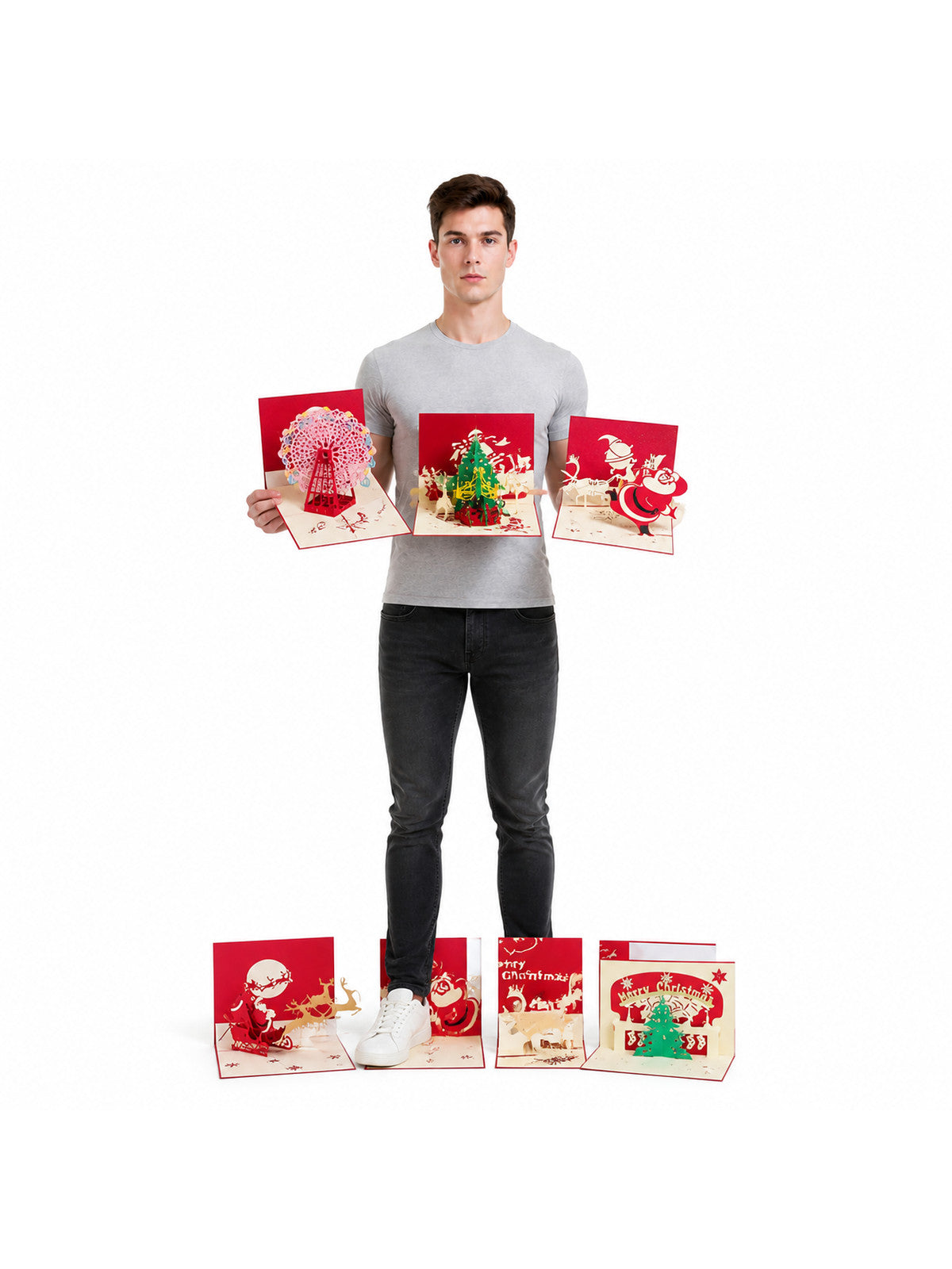 Christmas Pop-Up Cards Set of 6, 3D Greeting Cards with Santa, Tree, Reindeer