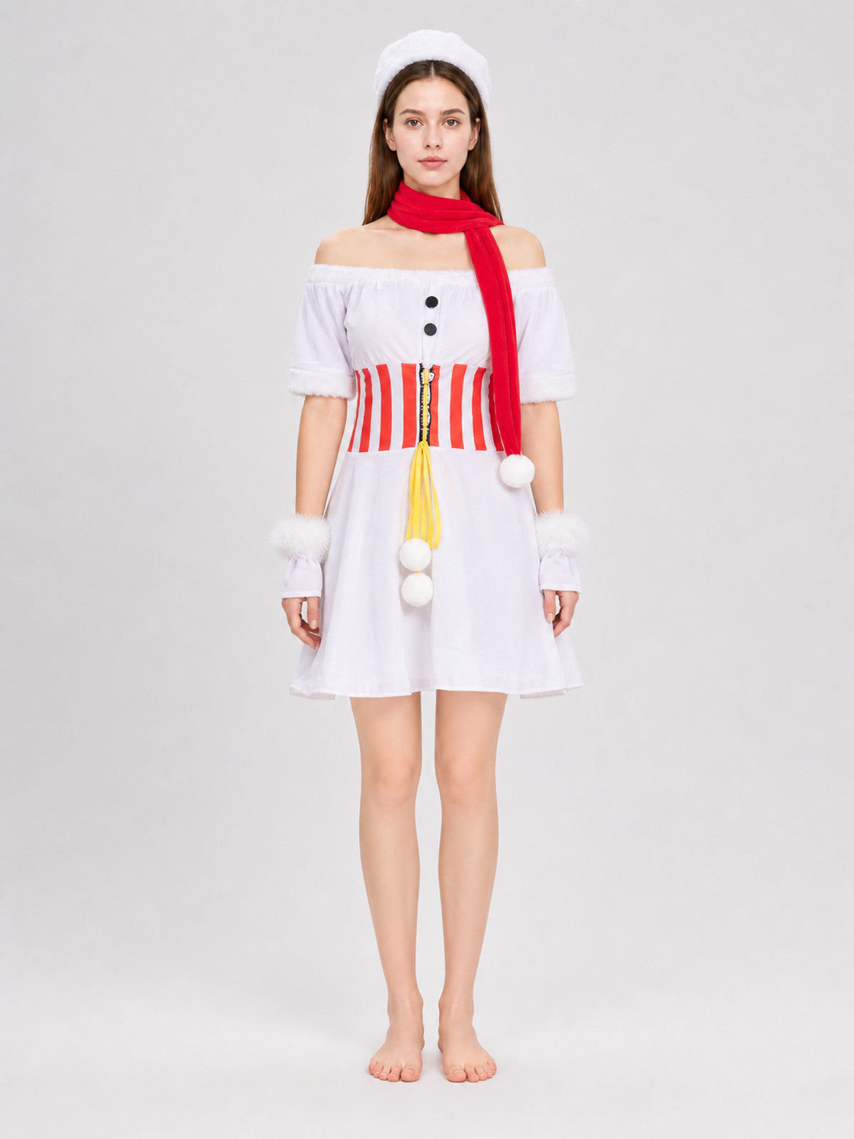 White New Year's Costume Dress with Red-and-White Stripes on-model view