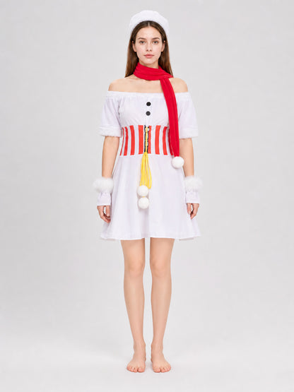 White New Year's Costume Dress with Red-and-White Stripes on-model view