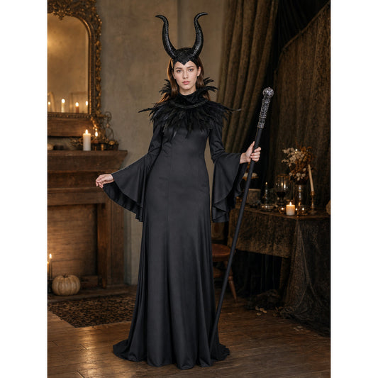 Black Gothic Witch Costume Dress With Horned Headpiece, Feather-Like Trim And Decorative Staff For Halloween Cosplay Parties