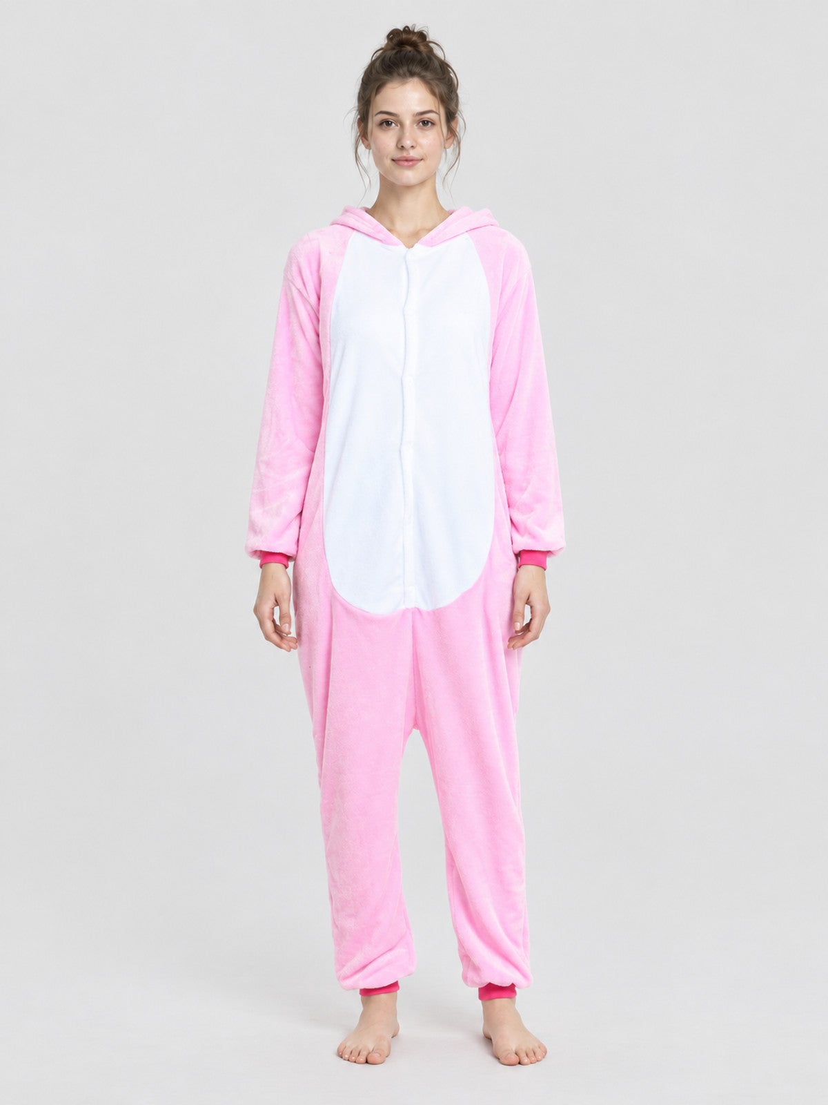 Pink and White Flannel Hooded Pajama Jumpsuit
