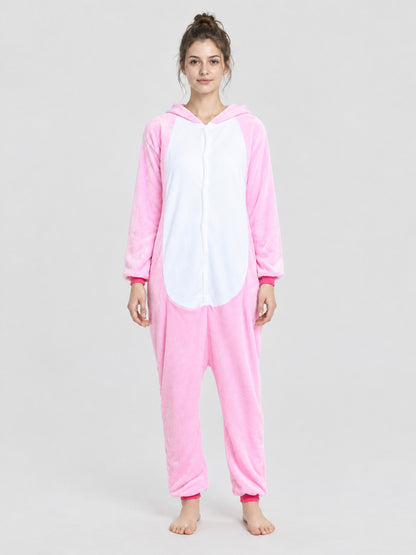 Pink and White Flannel Hooded Pajama Jumpsuit