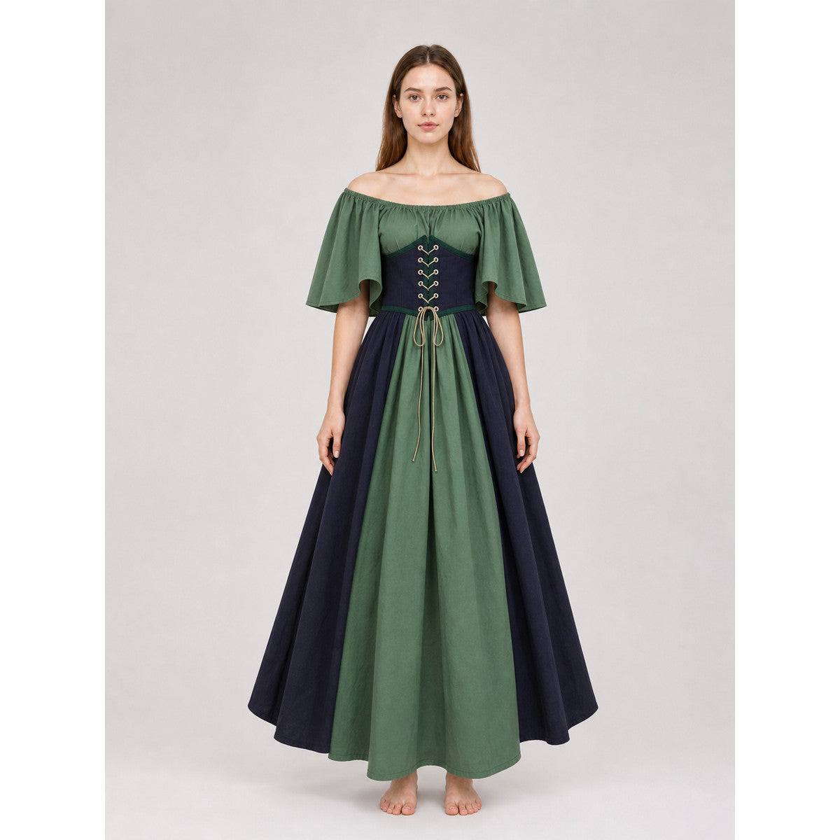 Off-the-Shoulder Dress with Sleeves and Lace-Up Detailing on-model view