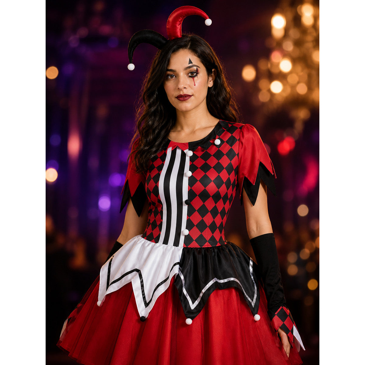 Scary Clown Circus Costume Dress, Red Black Checkered and Striped Print on-model view