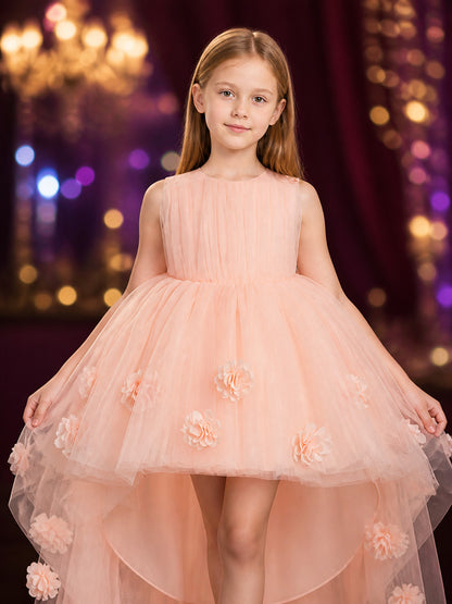 Girls' Flower Girl Princess Dress, Layered Tulle Skirt With 3D Flowers on-model view