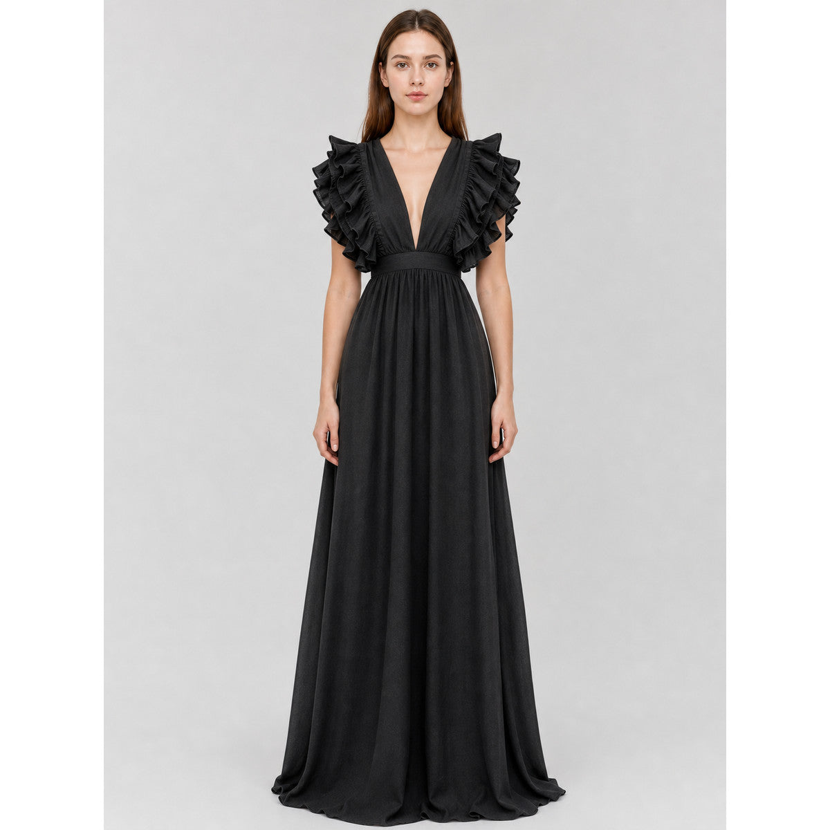 Floor-Length Evening Dress with a Deep V-Neckline