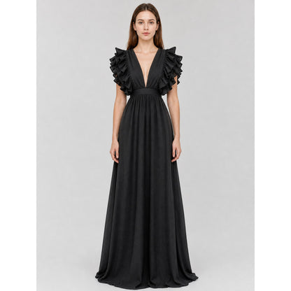 Floor-Length Evening Dress with a Deep V-Neckline