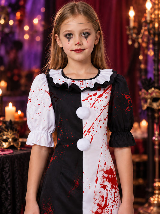 Black and White Clown-Style Carnival Dress with Pom-Poms