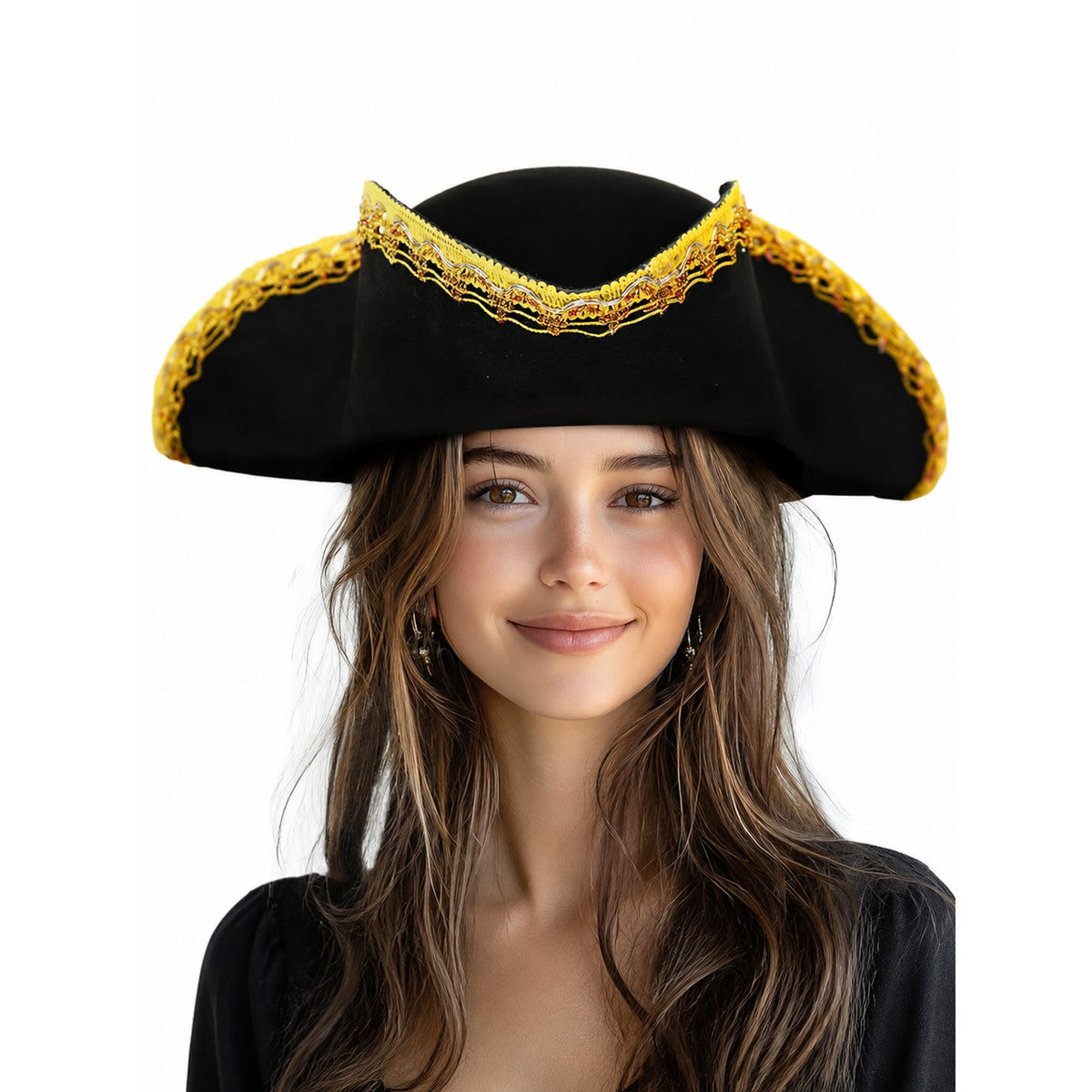 1pc Theatrical Pirate Tricorn Hat, Black Three-Cornered Style with Ornate Gold Trim and Wide Curved Brim for Costume Parties and Themed Events