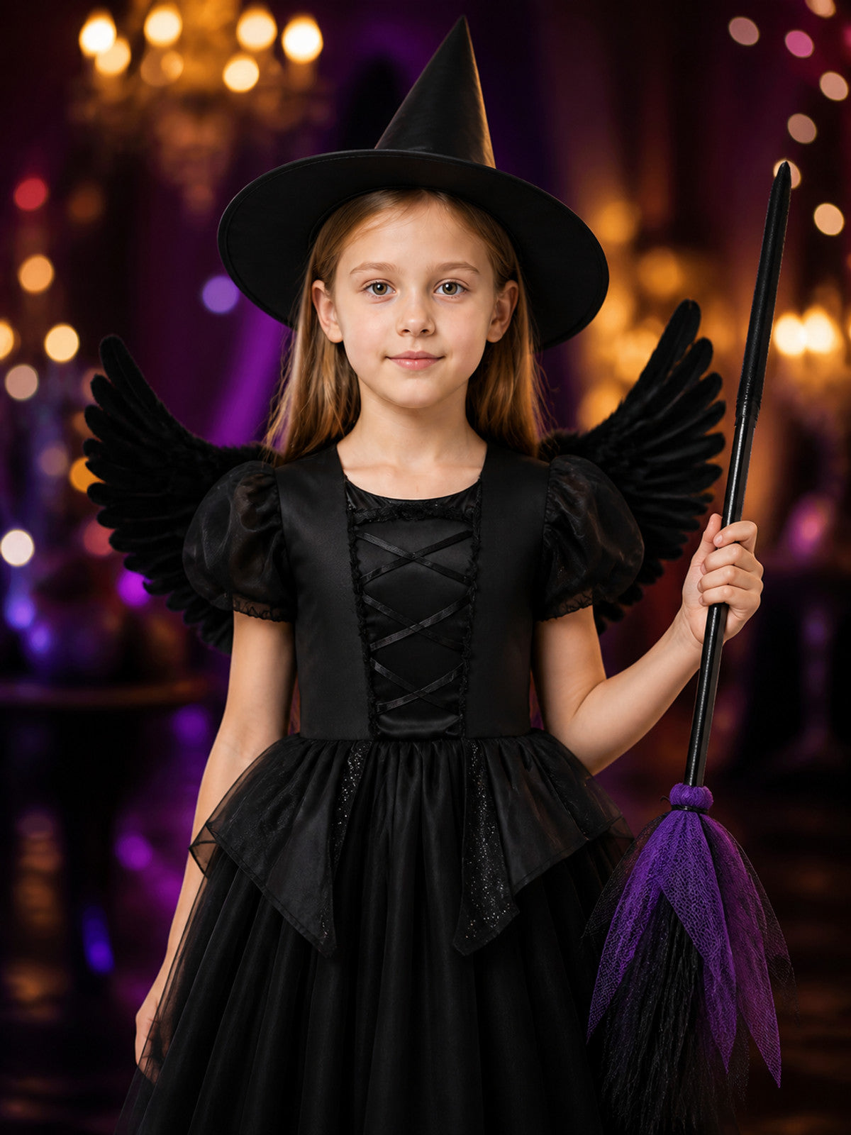 Girls Black Princess Witch Costume Set - Tulle Dress with Wings, Hat & Broom on-model view