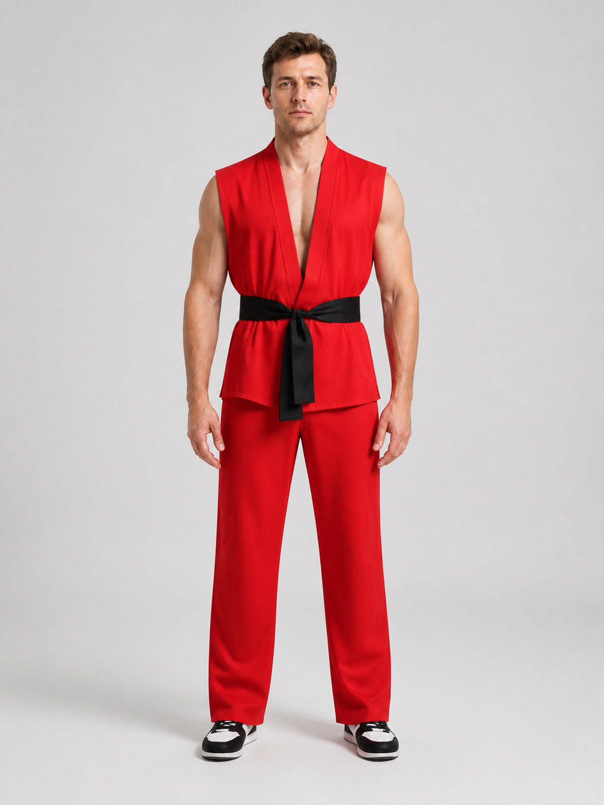 Ken Street Fighter Cosplay Costume, Vest and Pants on-model view