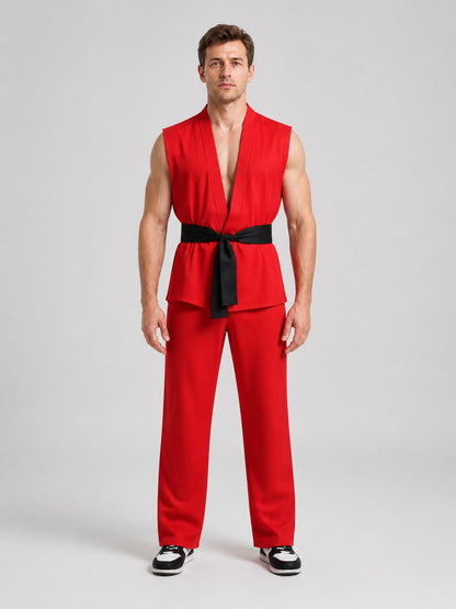 Ken Street Fighter Cosplay Costume, Vest and Pants on-model view