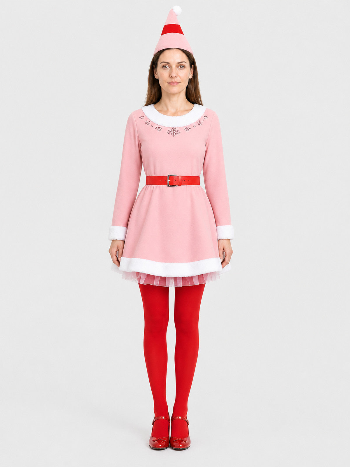 Christmas Elf Costume: Pink Dress with White Trim on-model view