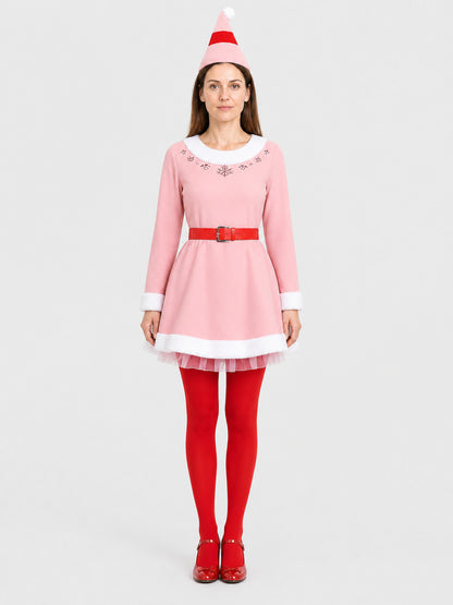 Christmas Elf Costume: Pink Dress with White Trim on-model view