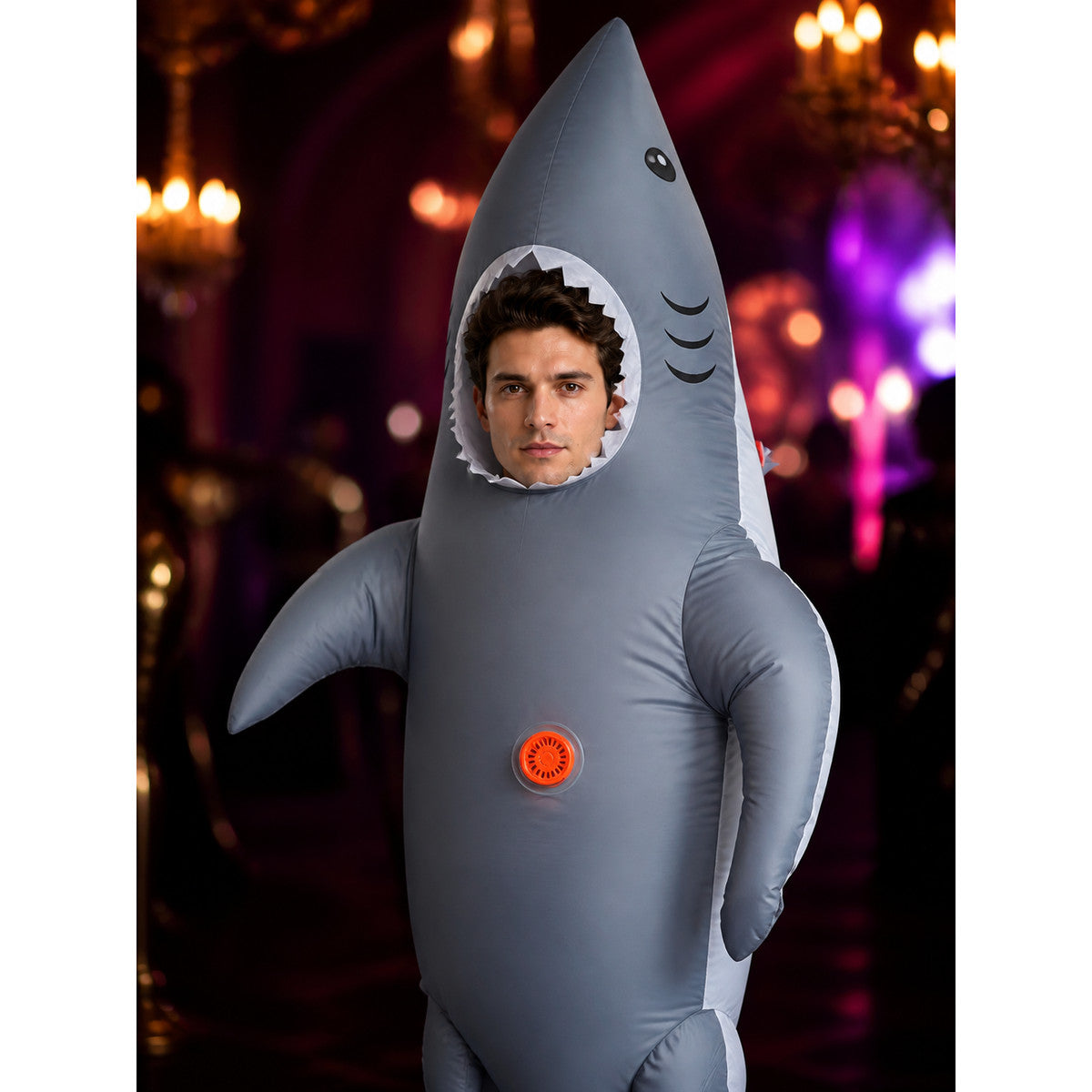 Gray Shark Inflatable Costume for Halloween, Funny Shark Suit with Fins and Tail on-model view