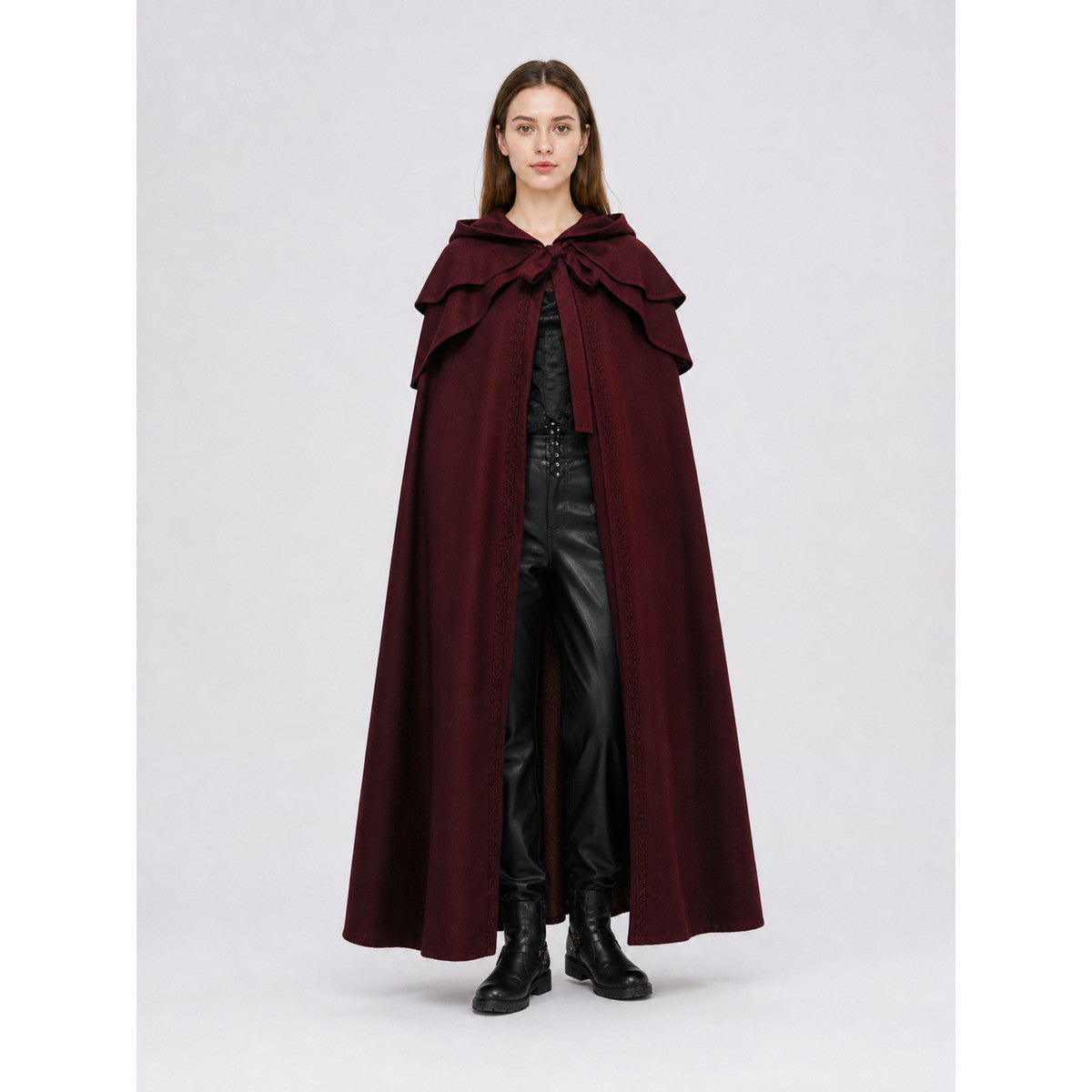Long Cloak with Hood and Layered Shoulders on-model view
