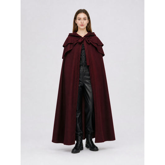 Long Cloak with Hood and Layered Shoulders on-model view