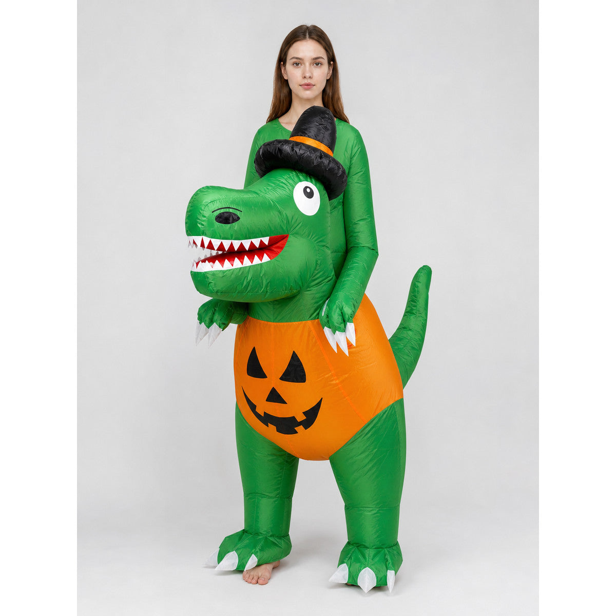 Inflatable dinosaur costume with pumpkin insert on-model view