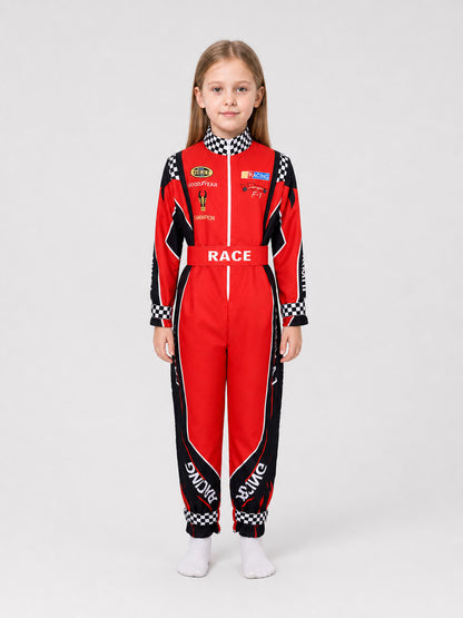 Children's Racing Jumpsuit with Belt, Checkered on-model view