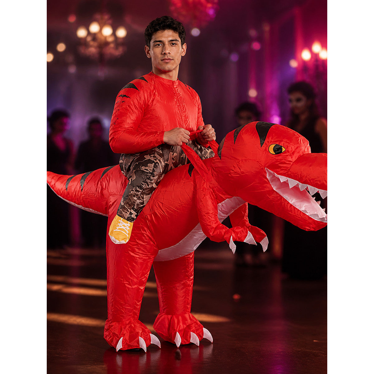 Riding T-Rex Dinosaur Inflatable Costume for Halloween Funny Party on-model view