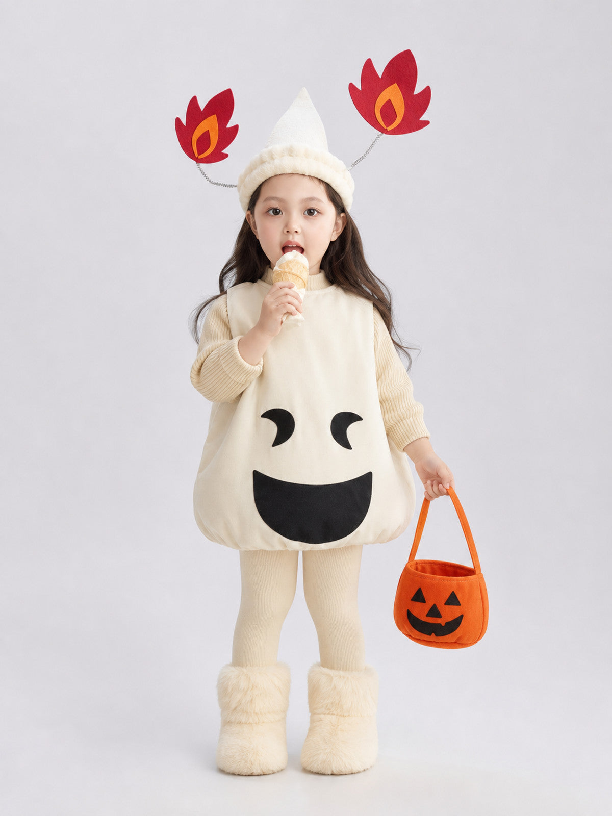 Halloween ghost costume with a hat and bag on-model view