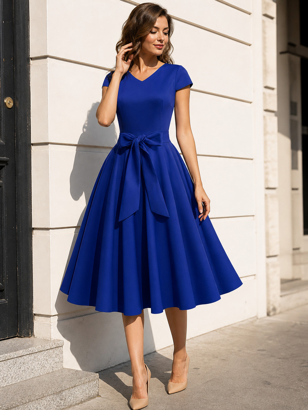 Blue Dress with V-Neck, Bow, and Full Skirt main product view