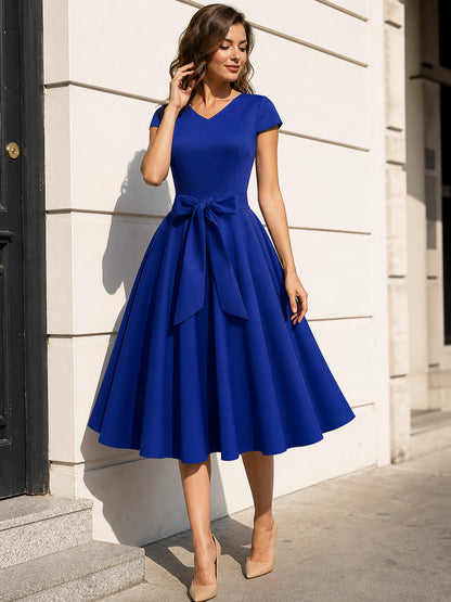 Blue Dress with V-Neck, Bow, and Full Skirt main product view