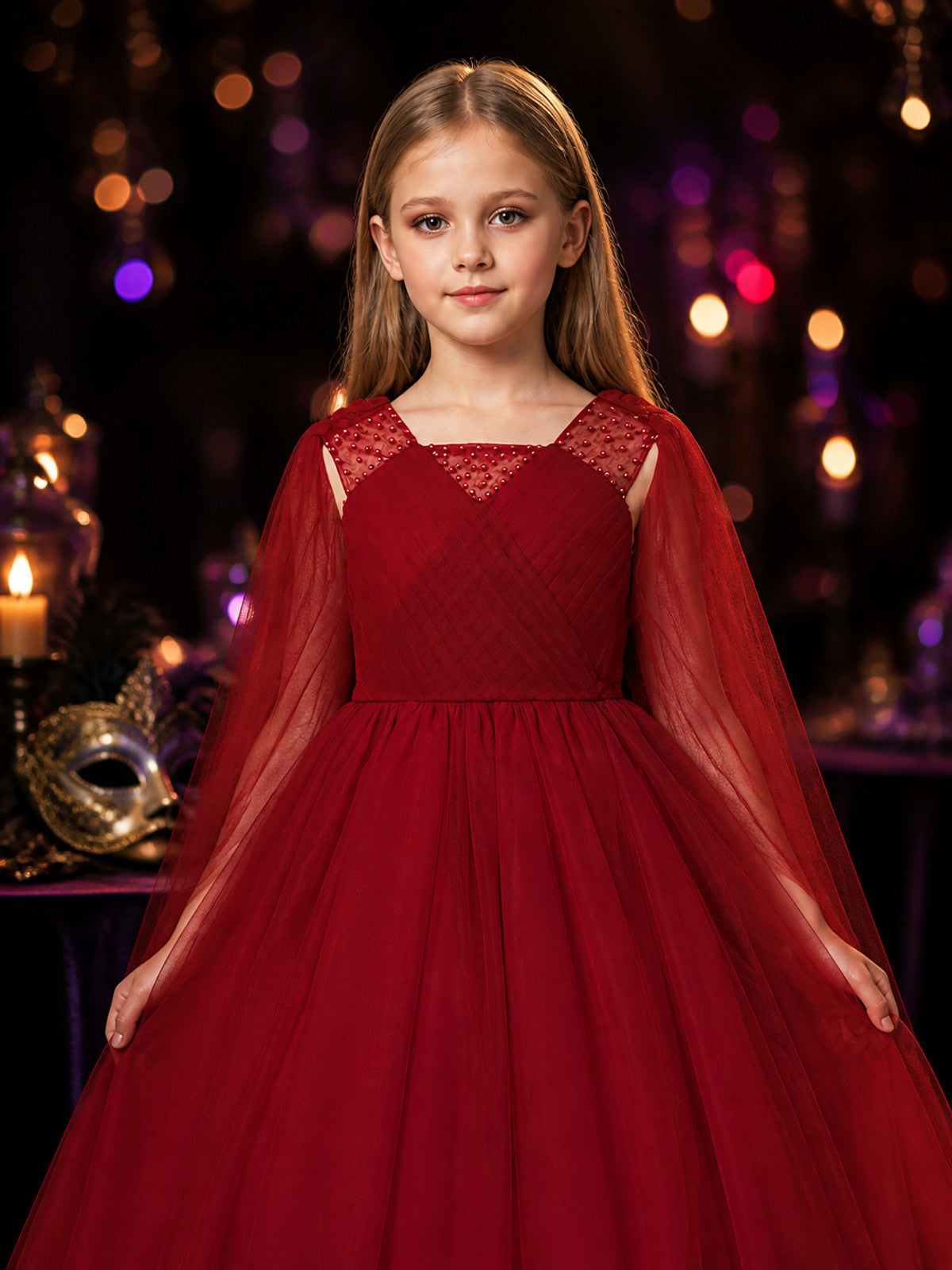 Girls' Burgundy Beaded Tulle Princess Dress, Sleeveless V-Neck Long Formal Gown on-model view