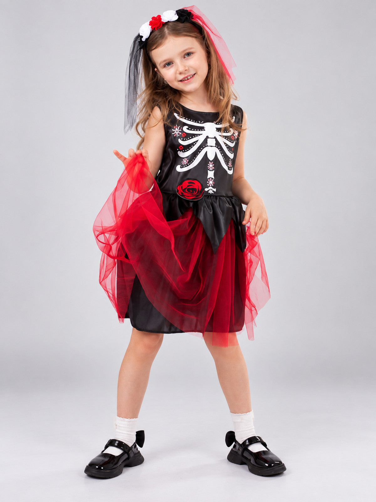 Carnival costume with mesh skirt, skeleton print, rose