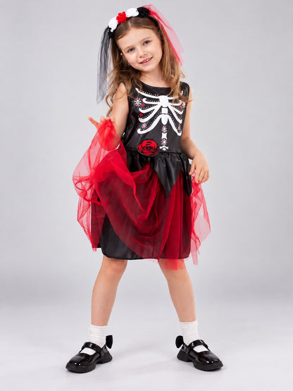 Carnival costume with mesh skirt, skeleton print, rose