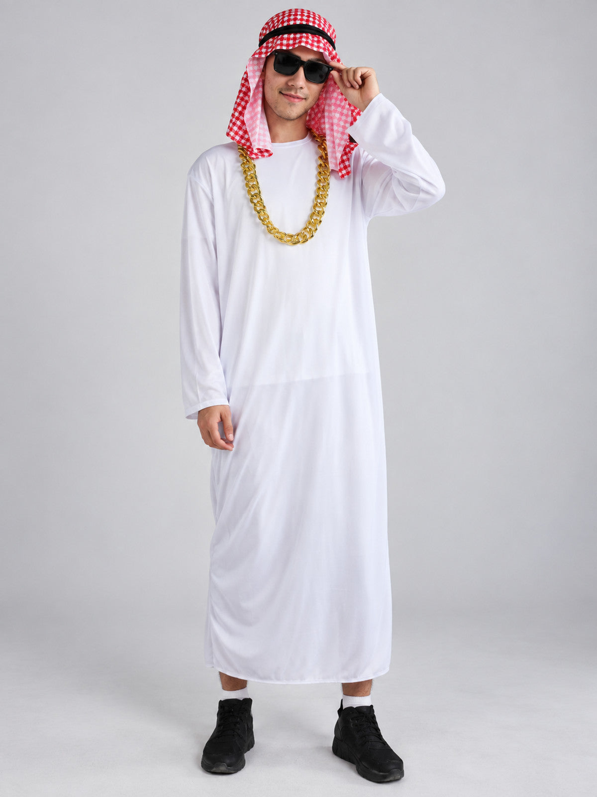 White carnival costume with plaid scarf and mustache