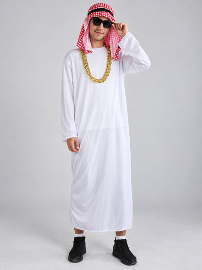 White carnival costume with plaid scarf and mustache