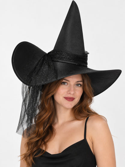 Black Wide-Brim Witch Hat with Glitter and Buckle