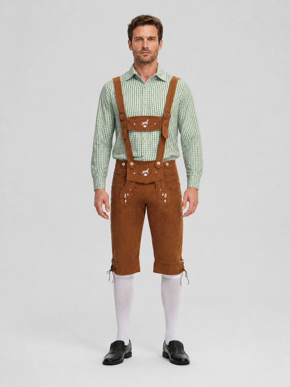 Plaid Folk Costume with Embroidery and Suspenders on-model view