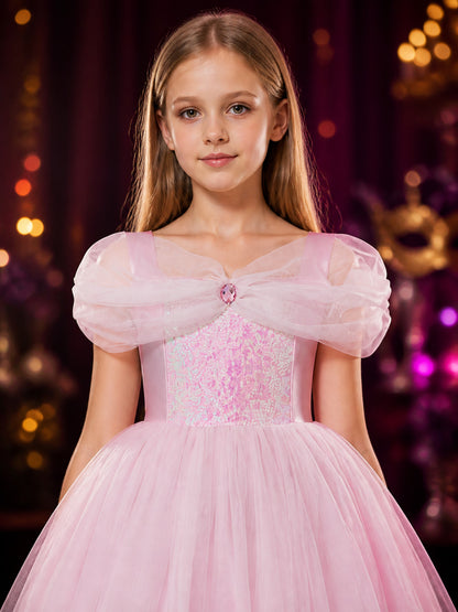 Girls' Pink Princess Costume Dress, Sequined Off-Shoulder Layered Tulle Gown on-model view