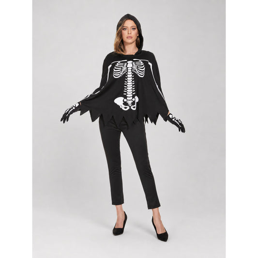 Hooded Cloak Costume with White Skeleton Print for Cosplay