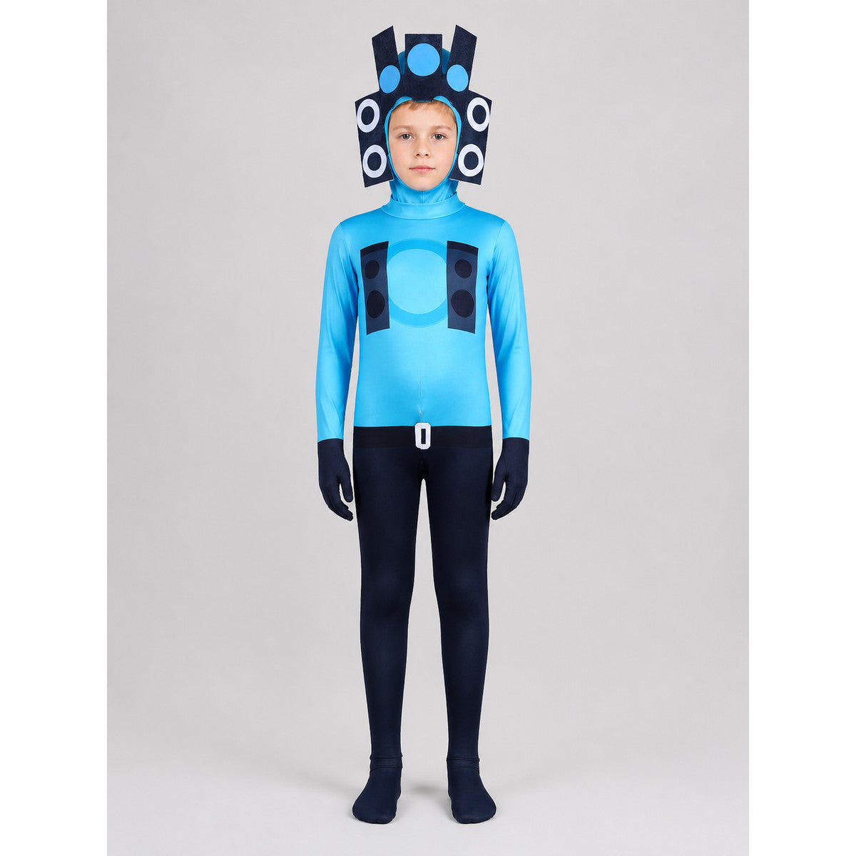Blue Audio Man Skibidi Toilet Jumpsuit on-model view
