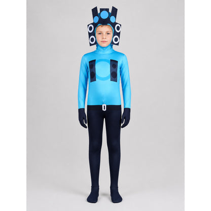 Blue Audio Man Skibidi Toilet Jumpsuit on-model view