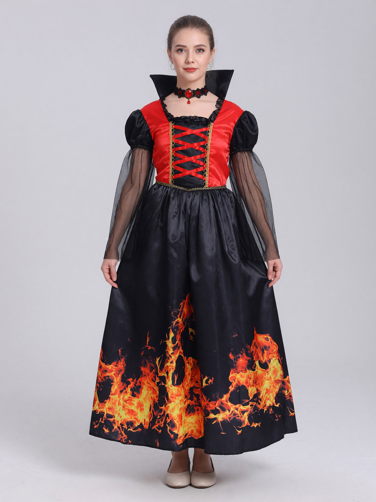 Red-and-Black Cosplay Dress with Necklace front view